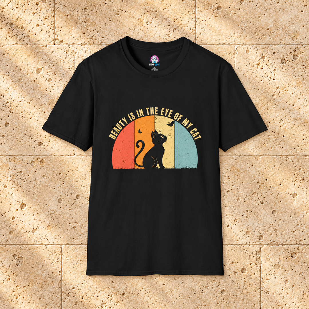 Black Beauty is in the Eye of My Cat T-Shirt on warm travertine stone.