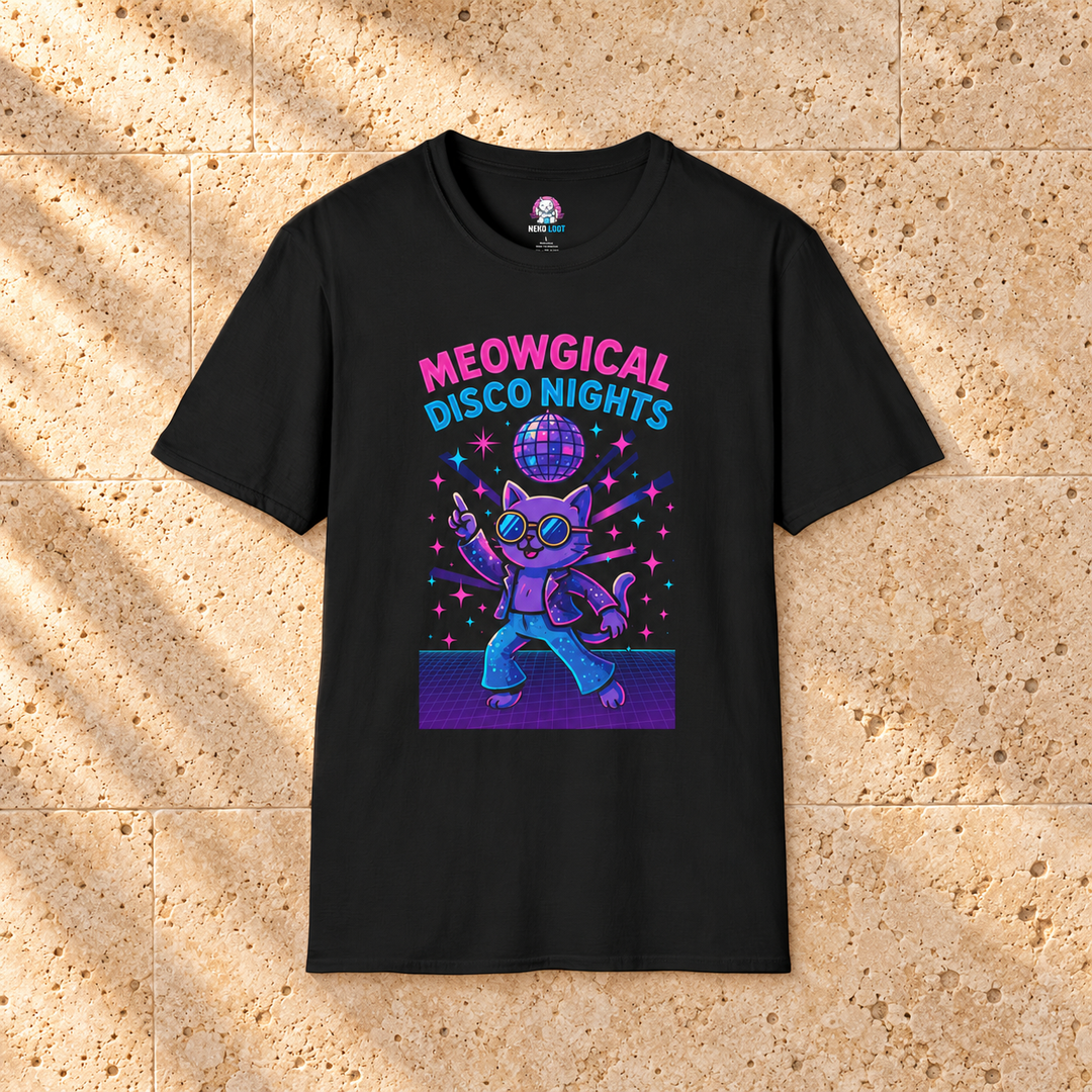 Black Meowgical Disco Nights T-Shirt on warm travertine stone.