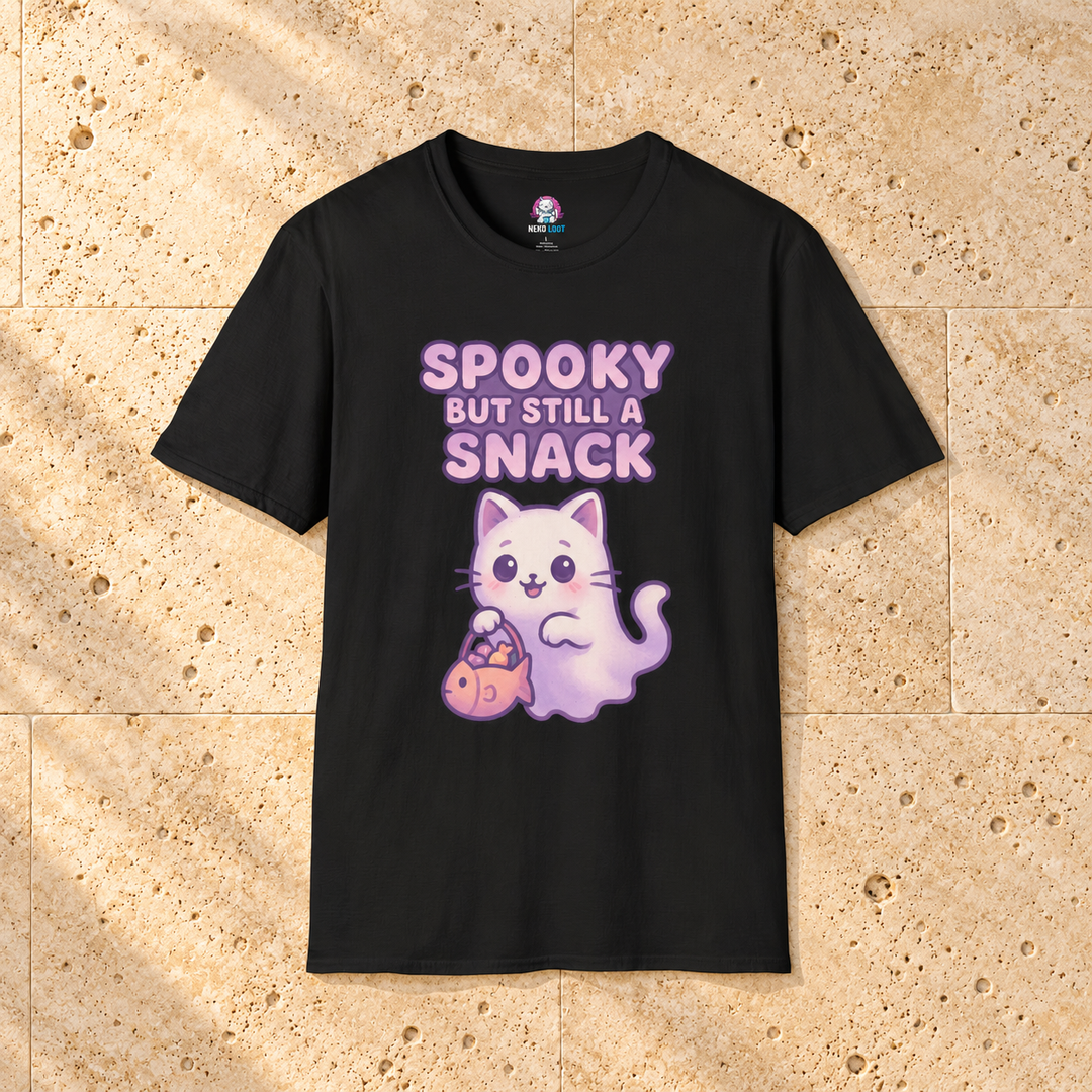 Black Spooky Snack Cat T-Shirt on warm travertine stone.
